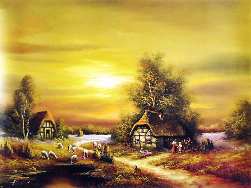 Village with Thatched Cottages — Yellow