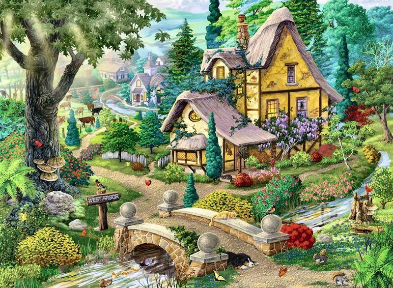 Village with Thatched Houses — Green