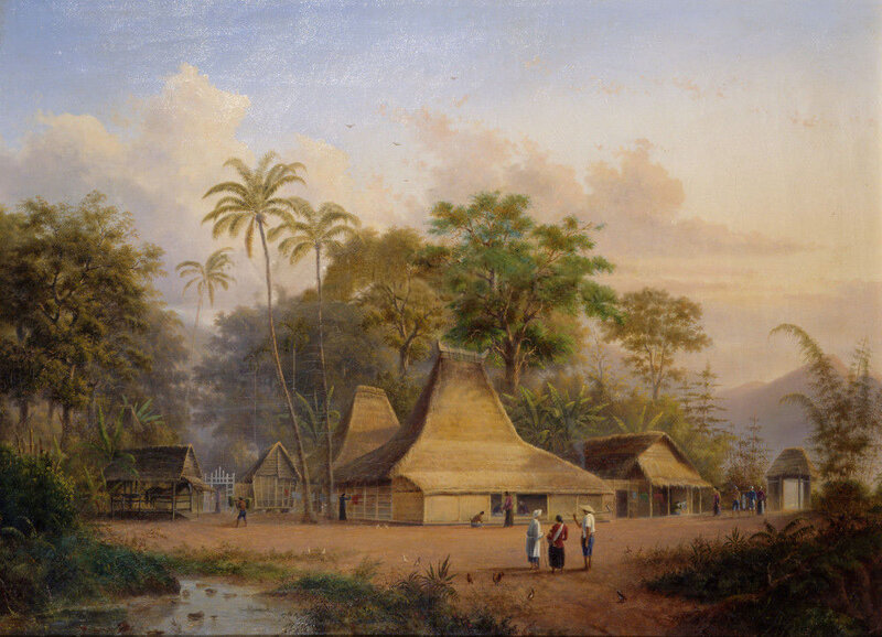 Village with Thatched Huts — Brown, Serene