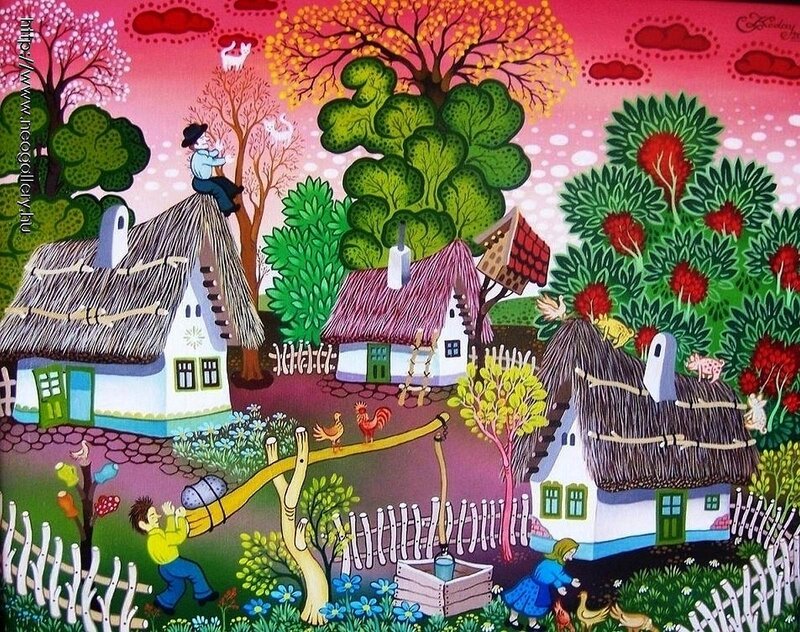 Village with Thatched-roof Houses — Pink