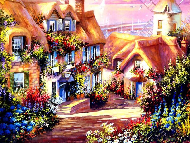 Village with Thatched Roofs — Yellow, Serene, Sunset