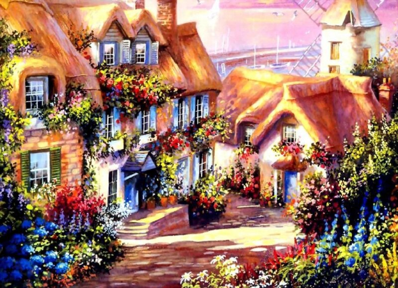 Village with Thatched Roofs — Yellow, Serene