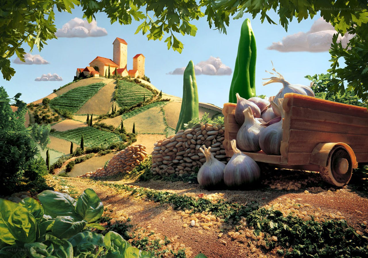 Village with vegetable cart
