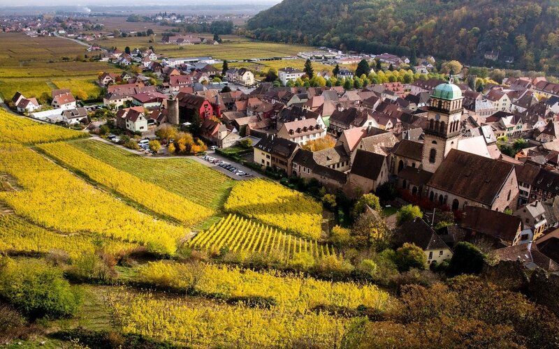 Village with vineyards and church