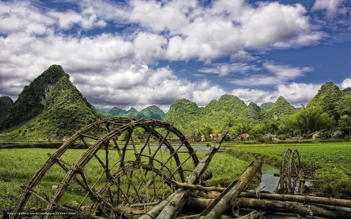 Village with water wheels