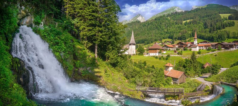 Village with Waterfall — Green, Serene