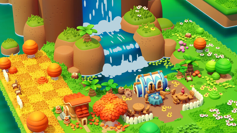 Village with Waterfall — Green