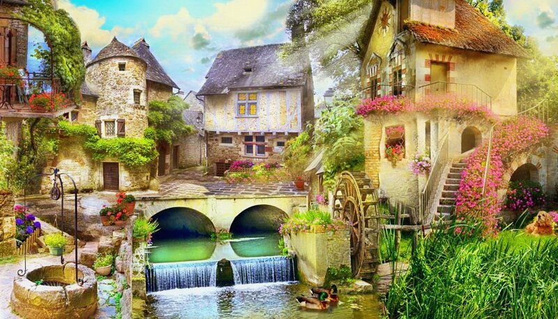 Village with Watermill — Green, Serene