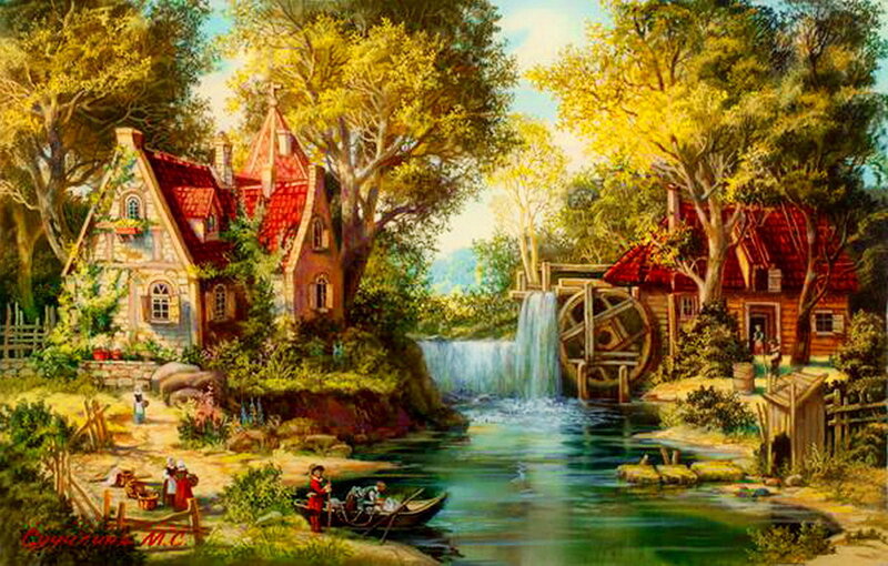Village with Watermill — Green