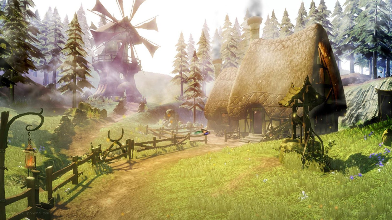 village with windmill and cottage