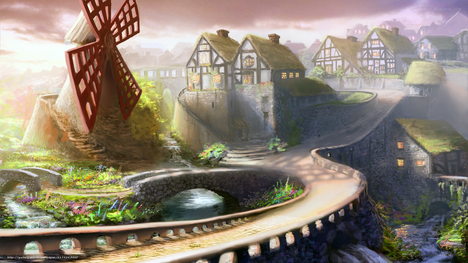 Village with windmill and stone bridge