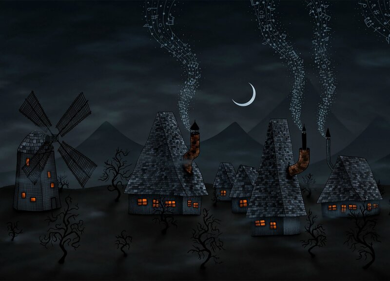 Village with Windmill — Black