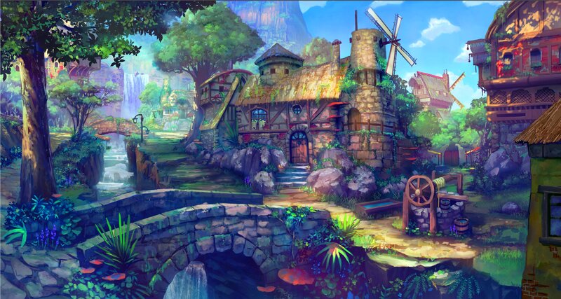Village with Windmill — Green, Serene, Afternoon