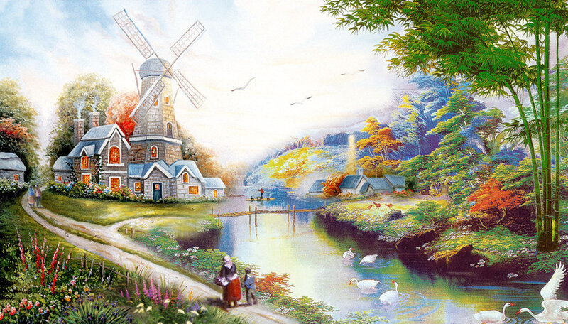 Village with Windmill — Green, Serene