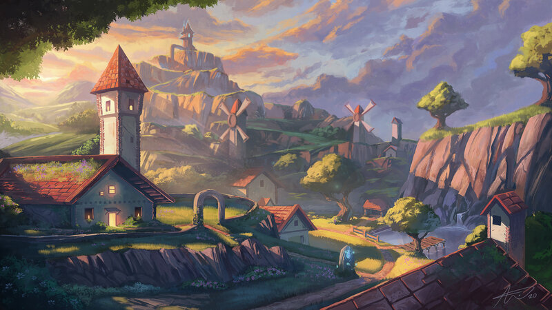 Village with Windmills — Green