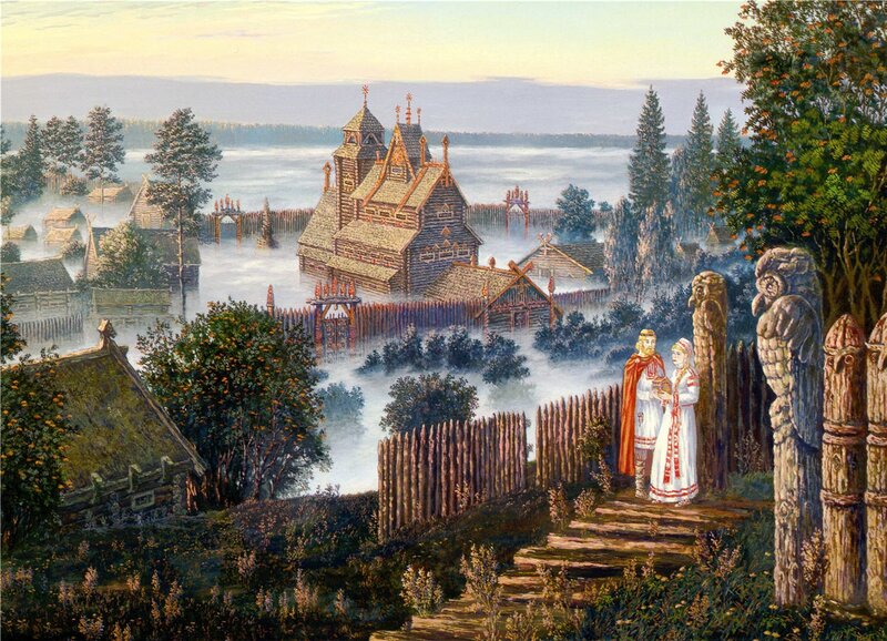 Village with wooden church