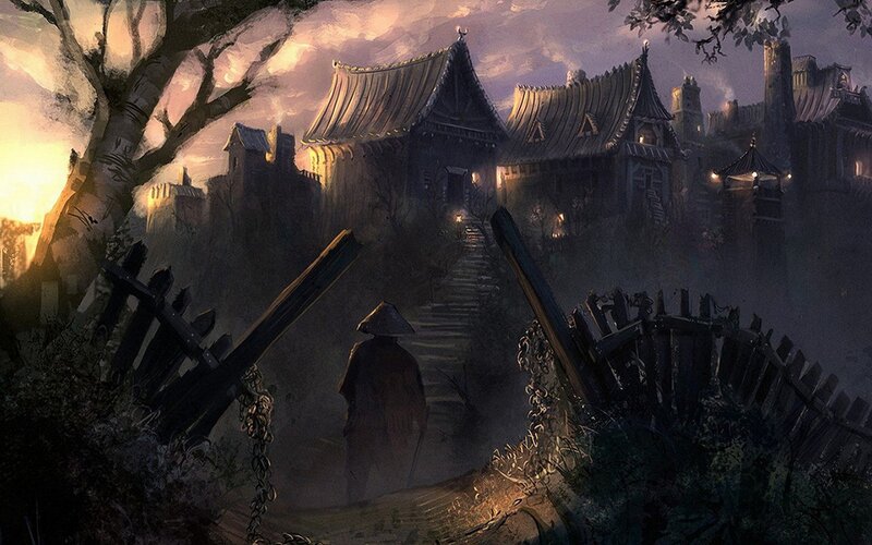 Villager approaching a village at dusk