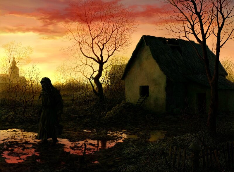 Villager at dusk with cottage