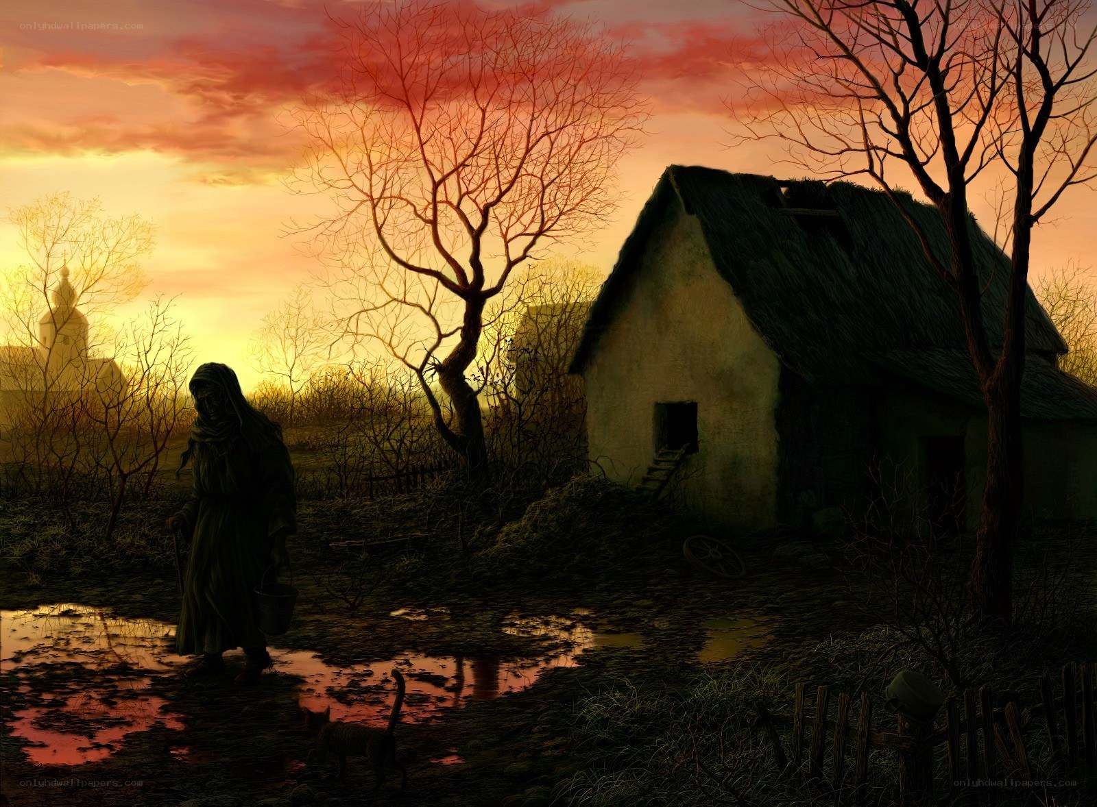 Villager at dusk with cottage