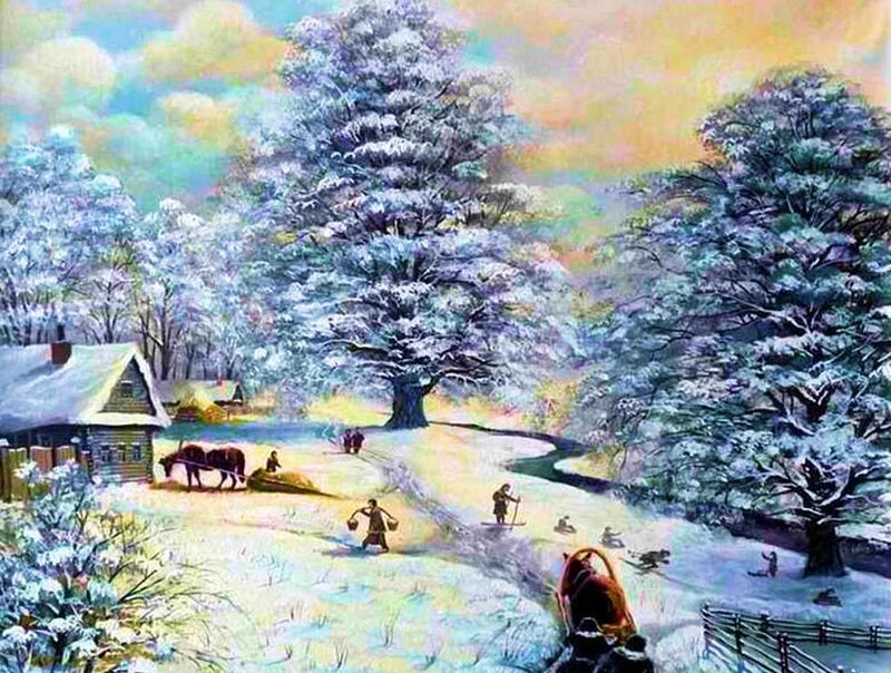 Villagers in Winter Landscape — White