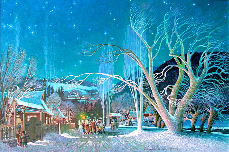 Villagers in Winter Night — Blue