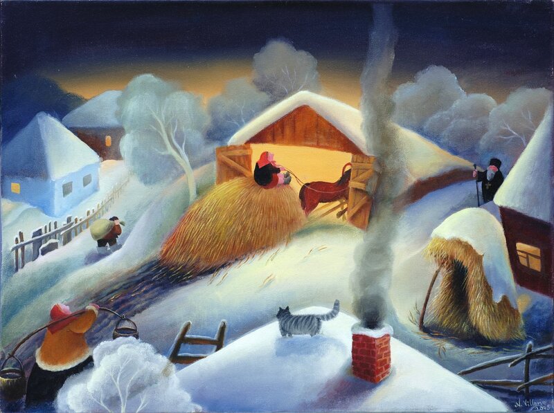 Villagers in Winter Scene