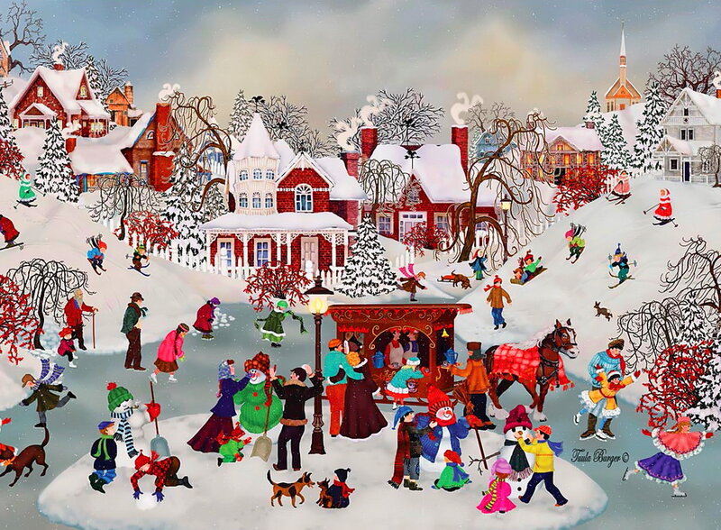 Villagers in Winter Scene — White, Festive, Illustration