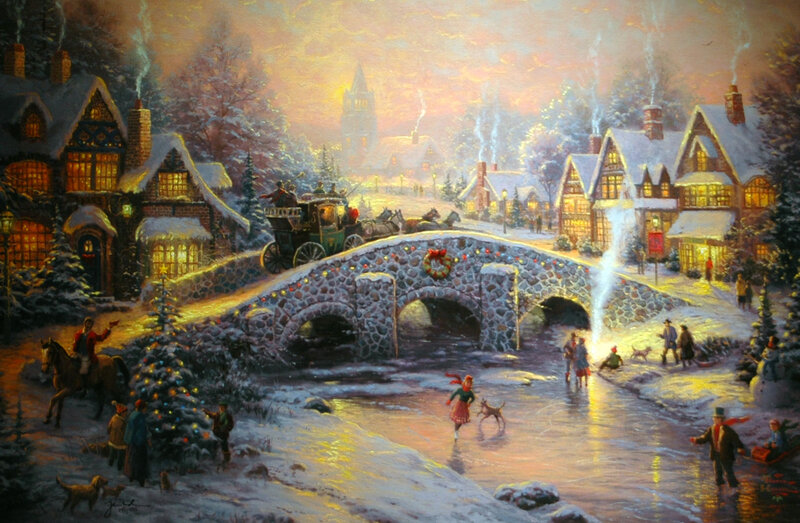 Villagers in Winter Scene — White, Festive, Painting