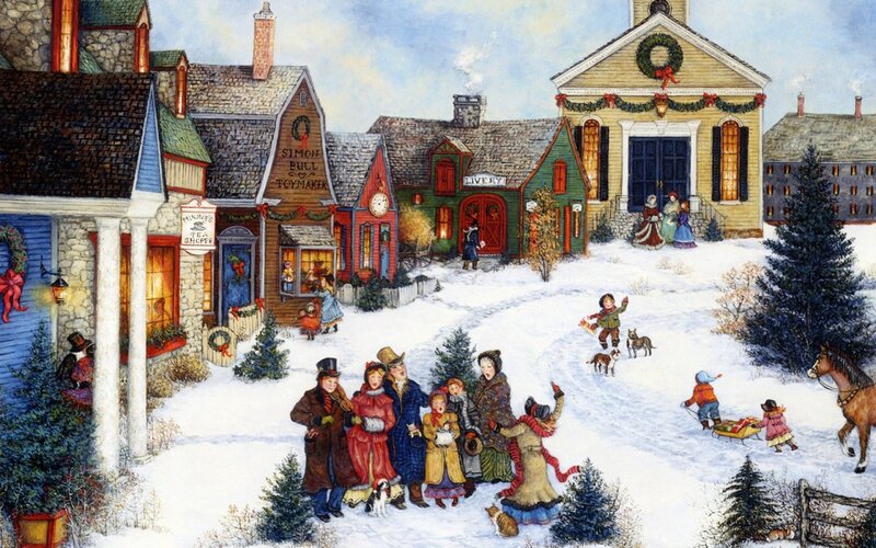 Villagers in Winter Scene — White, Festive