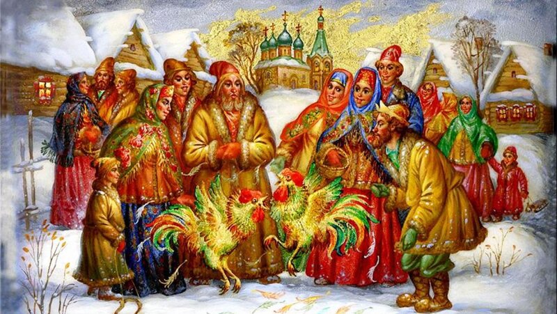Villagers in Winter Scene — White