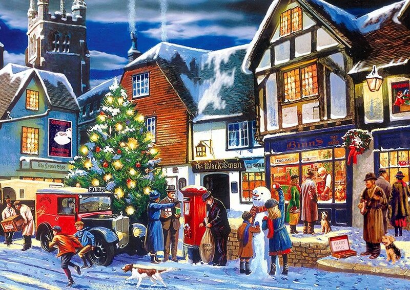 Villagers in Winter Town — Blue, Festive