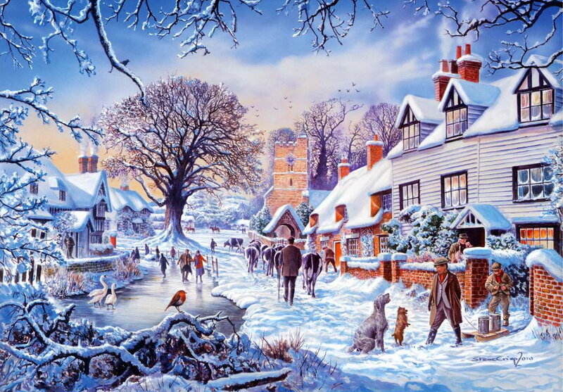 Villagers in Winter Village — White, Peaceful