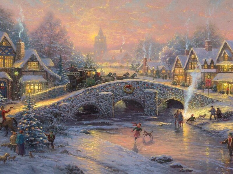 Villagers on a Snowy Bridge — White