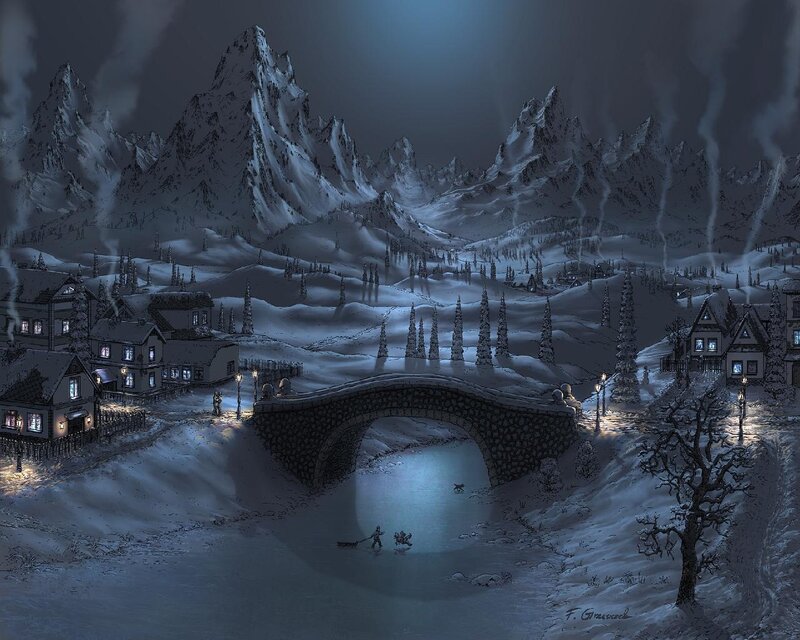 Villagers on Frozen River — Blue, Cold