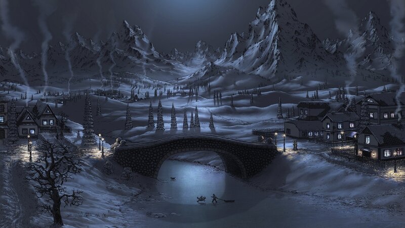 Villagers on Frozen River — Blue, Dramatic, Night