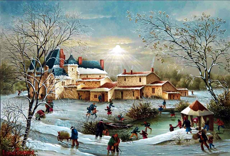 Villagers on Frozen River — Blue, Dramatic