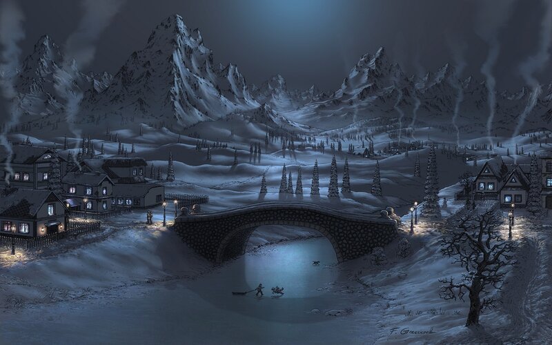 Villagers on Frozen River — Blue