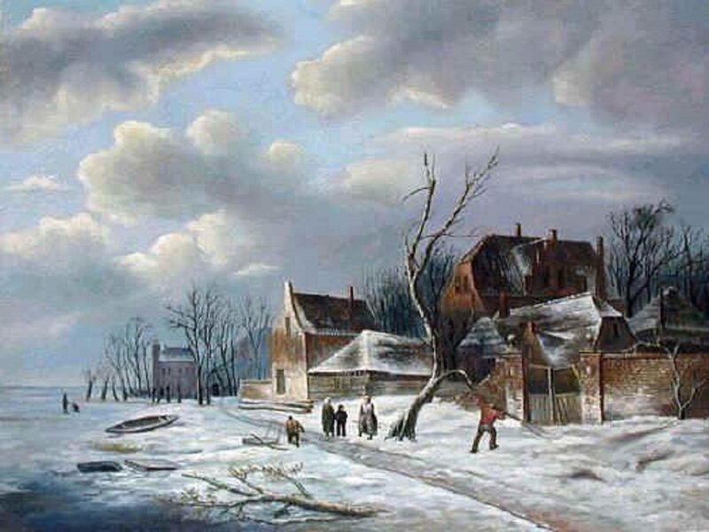 Villagers on Frozen River — White