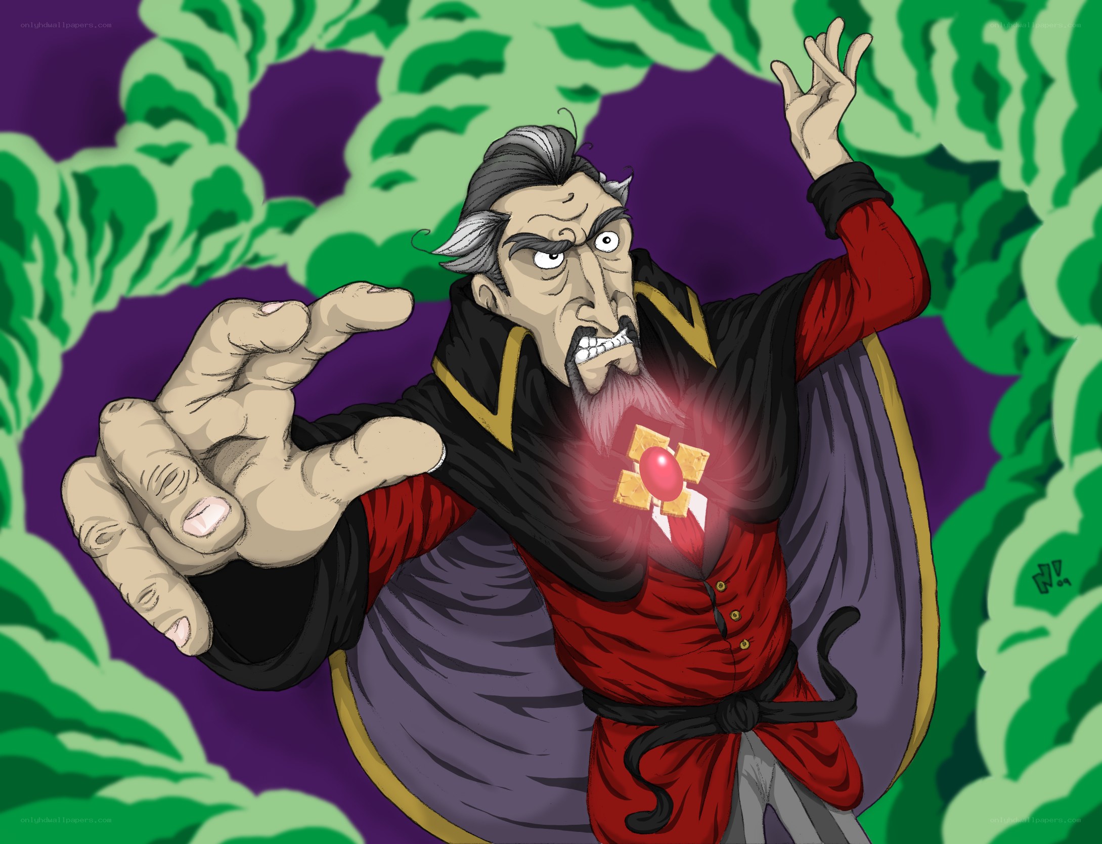 villain with glowing amulet