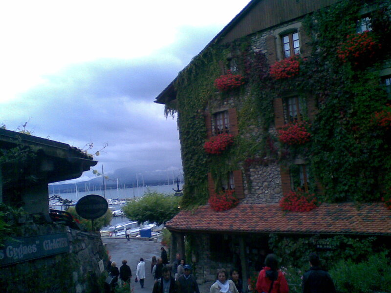 Vine-covered building by the lake