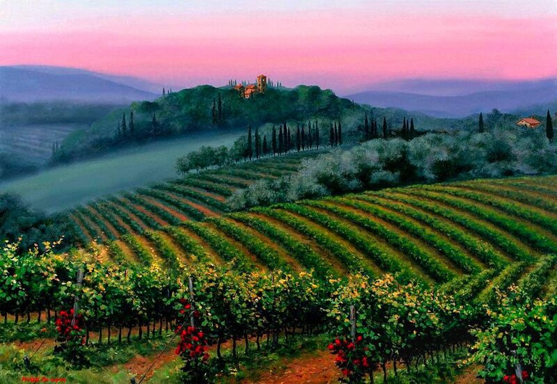 Vineyard Landscape — Green, Serene, Sunset