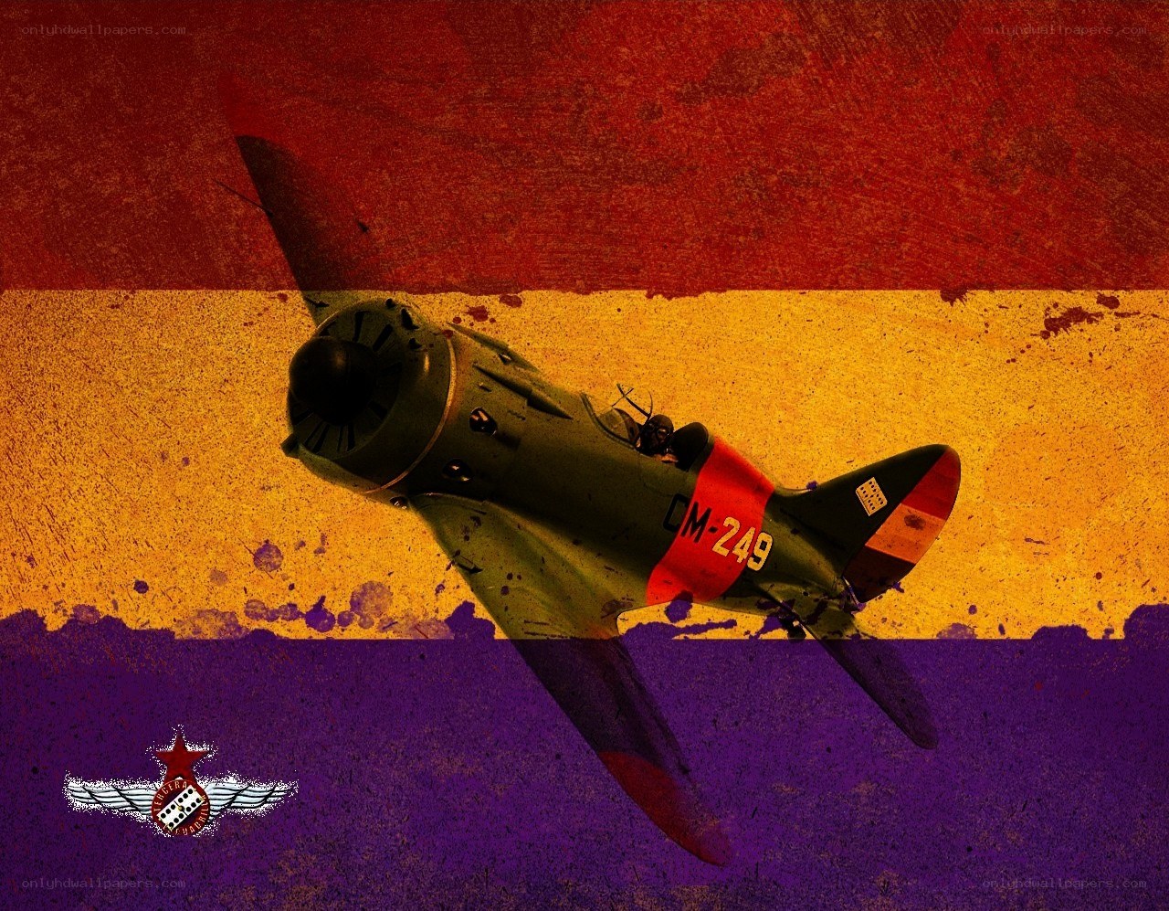 Vintage aircraft over flag