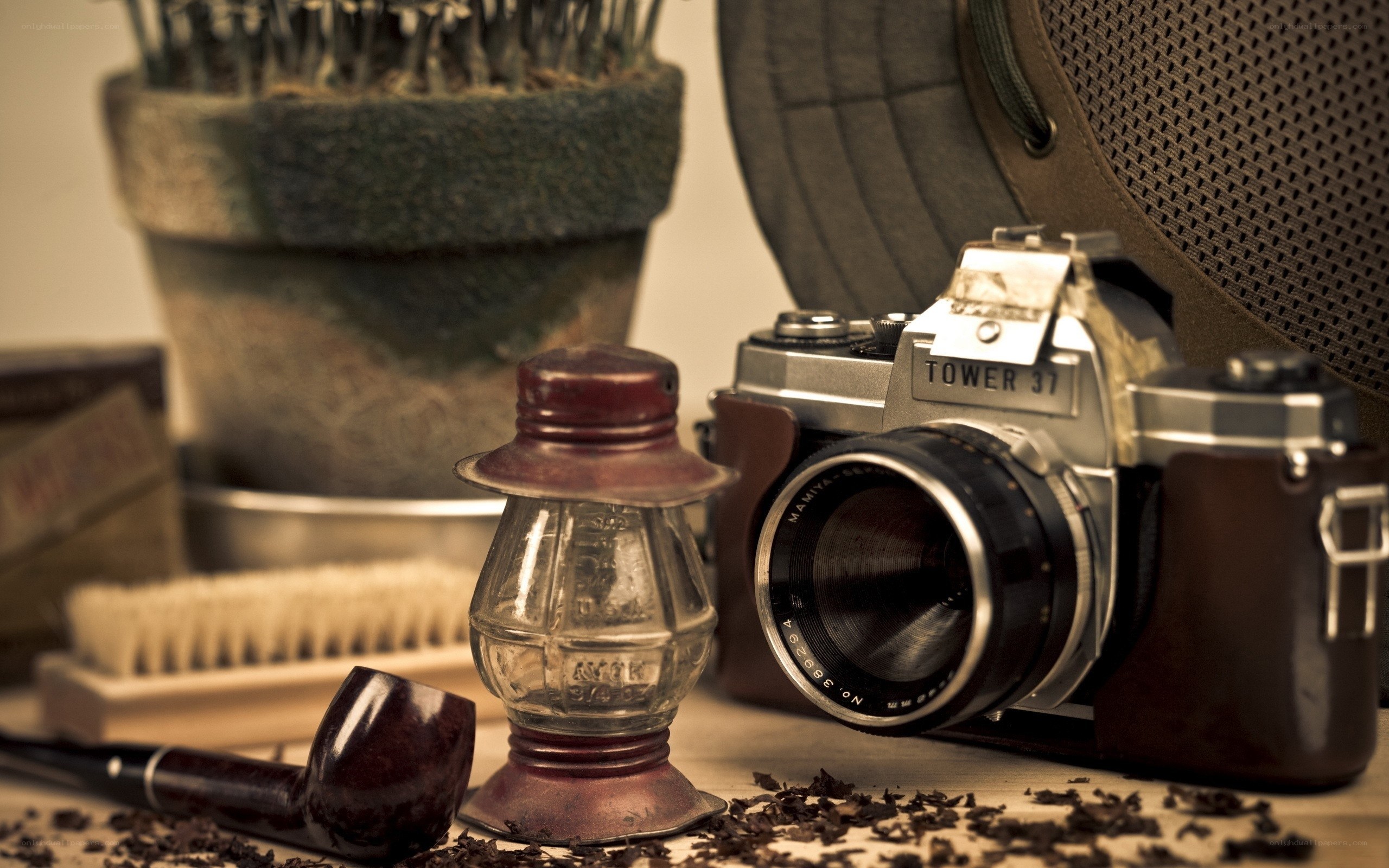 Vintage camera and pipe still life
