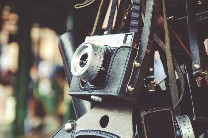 vintage camera in leather case