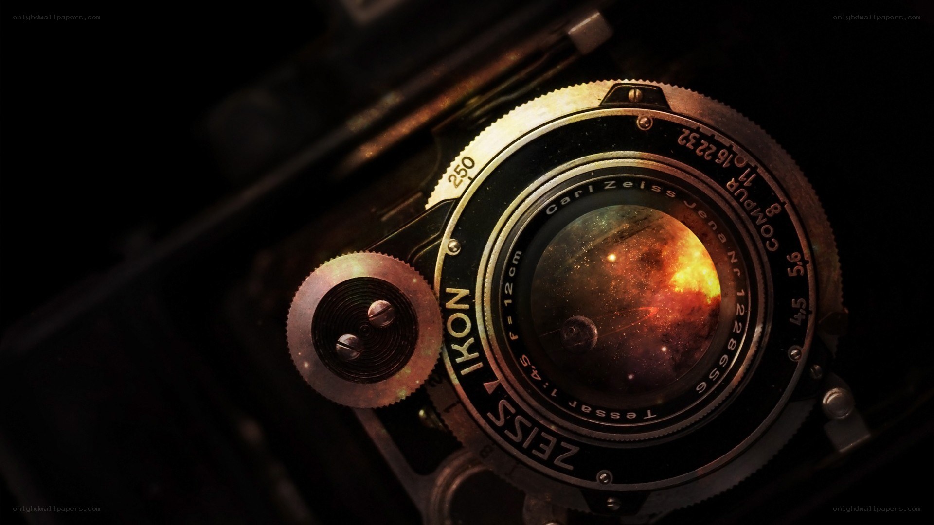 Vintage camera lens with galaxy