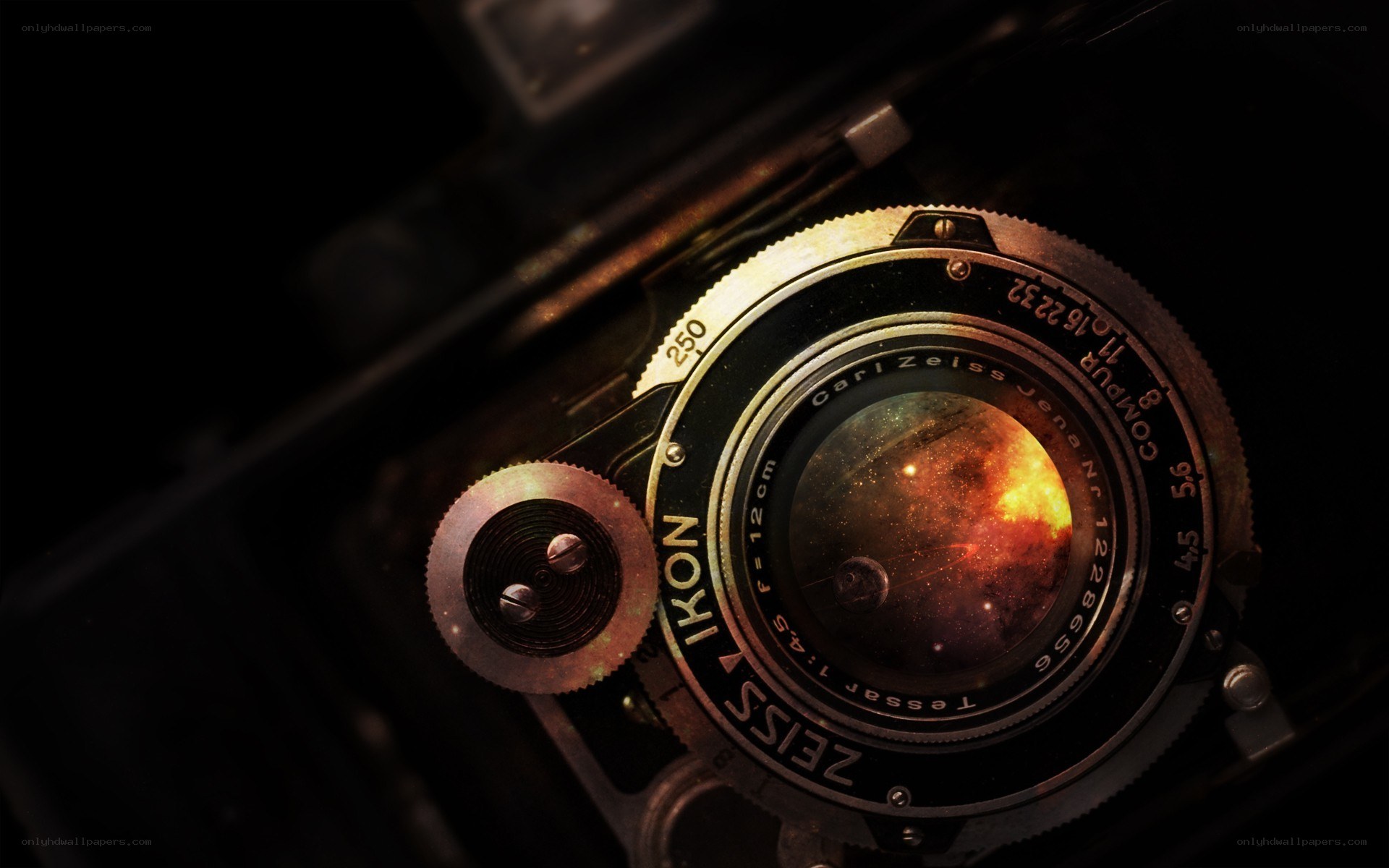 Vintage camera lens with galaxy
