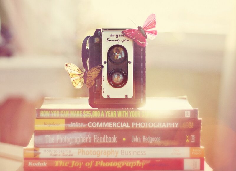 Vintage Camera on Books — Red