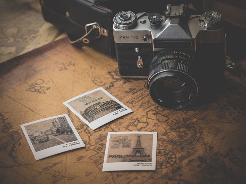 Vintage Camera on Map — Brown