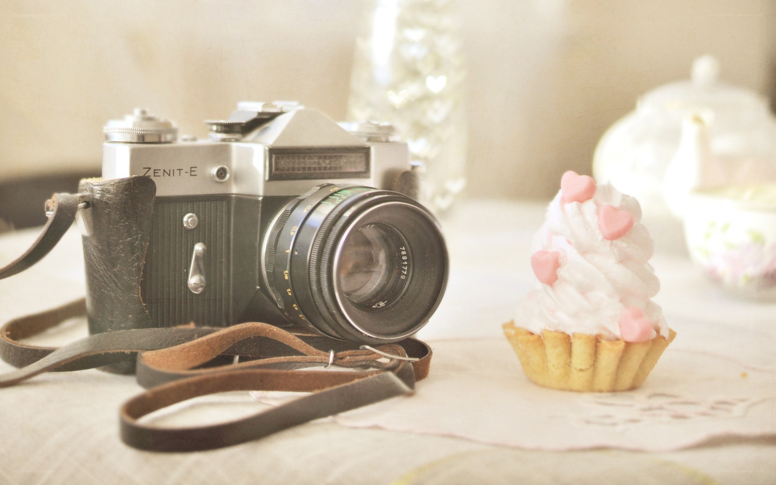 vintage camera with cupcake