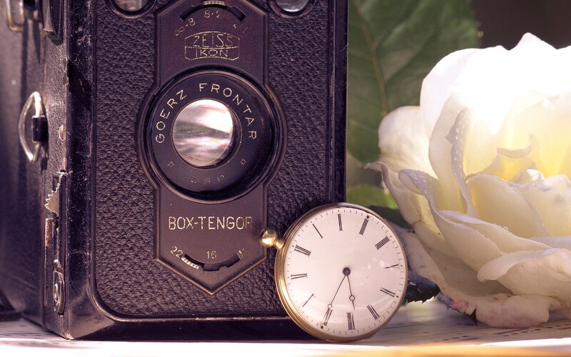 Vintage camera with rose and pocket watch